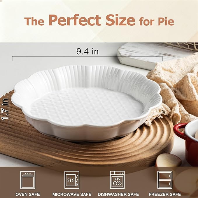Cormomu Pie Pan for Baking 9 Inch, Ceramic Pie Dish, Non-Stick Round Baking Dish, Porcelain Plates with Ruffled Edge| Microwave, Dishwasher, and Oven Safe (2PCS)