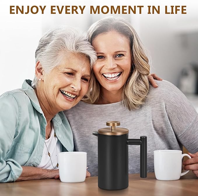 WORBIC Black Mini French Press Coffee Maker 12oz, Single Cup French Press with Rose Gold Lid, 3 Extra Filters & 1 Gold Spoon(350ml Compact Travel Size) Dishwasher Safe