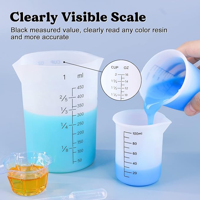 LET'S RESIN Silicone Measuring Cups, 450ml Accurate 2 Scales & 100ml Durable Measuring Cups, Epoxy Mixing Cup,Silicone Stirring Sticks, Easy Clean Resin Supplies for Resin Molds, Glitter Tumbler