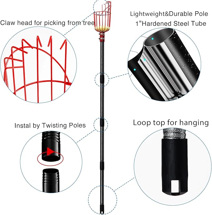 DonSail Fruit Picker Pole Tool with Basket Telescoping - Adjustable Mango Picker 35-120 inch Long Handle - Apple Orange Avocado Acorn Lemon Pear Pomelo Chery Picker for Tree