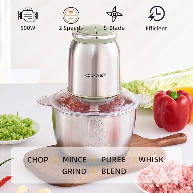 COOKZHOM Food Processor 8 Cup, 500W Electric Food Chopper,Meat Grinder with Stainless Steel Bowl and 2 Sharp Blades Set for Vegetable, Meat, Nuts, Functions for Chopping, Dicing, Mixing and Puree