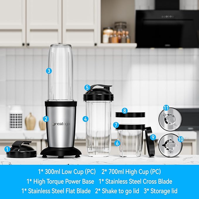 Personal Blender Smoothies Shakes, Greatogo 350W 2-IN-1 Bullet Grinder, 11 Set including 2pk 24oz 1pk 10oz Grinding Cup, 2pk Stainless-Steel, Tritan BPA-Free Dishwasher-Safe