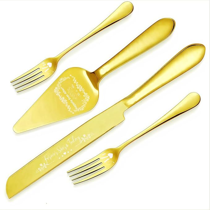 4 Pieces Wedding Cake Cutting Set Knife and Forks Set Wedding Cake Knife and Server Set Sliver Forks Engraved Mr. and Mrs.for Engagements, Anniversaries, Bride and Groom (Gold MR&MRS)