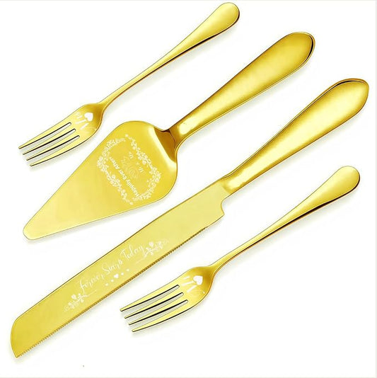 4 Pieces Wedding Cake Cutting Set Knife and Forks Set Wedding Cake Knife and Server Set Sliver Forks Engraved Mr. and Mrs.for Engagements, Anniversaries, Bride and Groom (Gold MR&MRS)