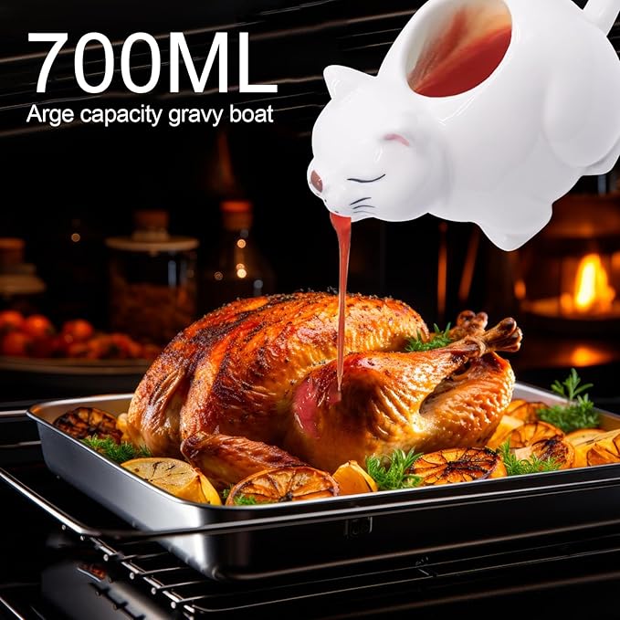 Large 23Oz Cat Gravy Boat,With Hand Painted White Fine Porcelain Saucier With Big Dripless Lip Spout |For Gravy, Warming Sauces, Salad Dressings, Milk, More Microwave & Freezer Safe