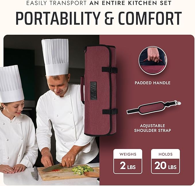 Asaya Chef Knife Roll Bag - 20 Total Pockets for Knives and Kitchen Utensils - Made with Stain Resistant Waxed Nylon - For Chefs and Culinary Students - Knives Not Included(Red)