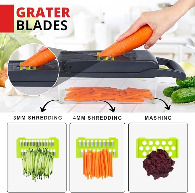 Vegetable Chopper,16-in-1 Multifunctional use for - Onion Chopper, Mandoline Slicer, Veggie Cutter with 8 Blades,Food Slicer, Dicer,Vegetable Cutter & Draining Basket Grater With Container