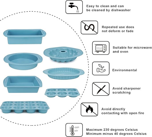 9in1 Nonstick Silicone Baking Bundt Cake Pan Cookie Sheet Molds Tray Heat Resistant Bakeware Tools Kit for Muffin Loaf Bread Pizza CupcakeUtensil