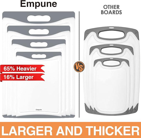Extra Large Cutting Boards, Plastic Cutting Boards for Kitchen (Set of 4) Cutting Board Set Dishwasher Chopping Board with Juice Grooves Easy-Grip Handles, Grey, Empune
