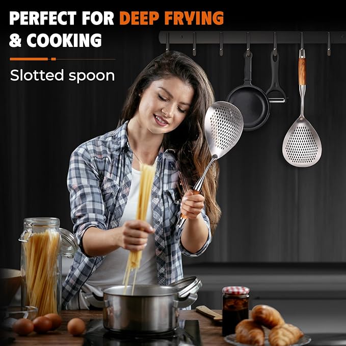 MARTE 16.5in 304 Stainless Steel Skimmer Slotted Spoon - Pasta Spider Strainer Ladle for Cooking and Frying - Kitchen Metal Scoop Colander With Heat Resistant Wooden Handle