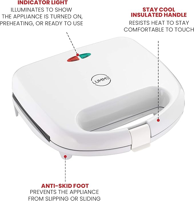 Lumme Sandwich Maker, Sandwich Toaster, Panini Press, Quesadilla Maker, Grilled Cheese, French Toast Press, Pizza Pockets Press, Indicator light, Omelet, White (White)