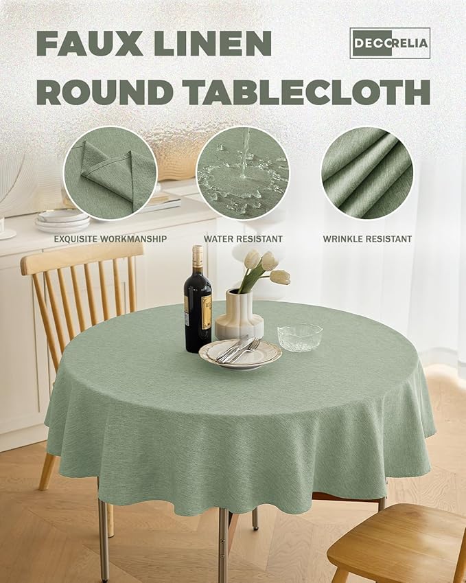 Faux Linen Rustic Round Tablecloth for Coffee Table, Decorative Waterproof Outdoor Anti-Scratch Table Cloth Cover for Party, Wedding, Picnics, Patio(Round, 70 Inch(4-6 Seats), Sage Green)