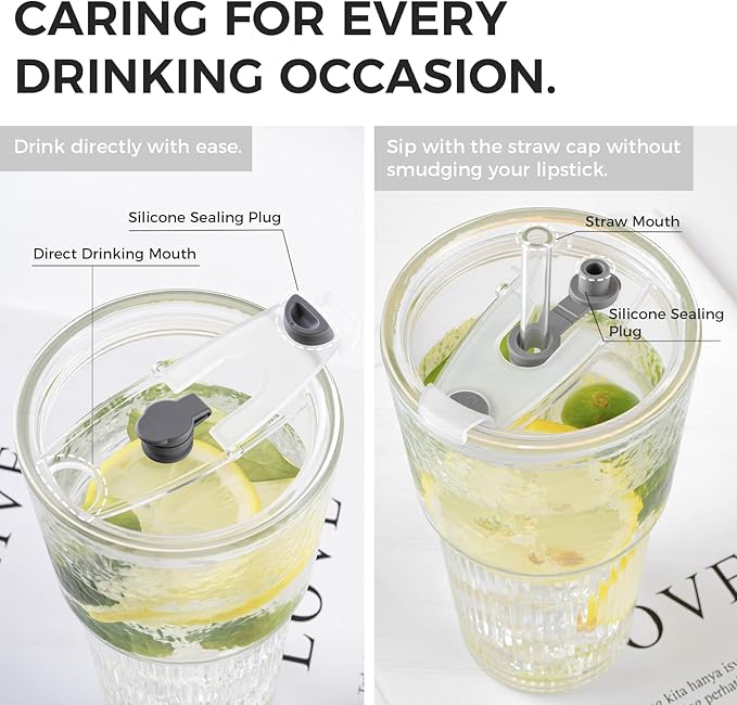 2PCS 20oz Glass Cups with Lids and Straws, Iced Coffee Cups with Lids, Stylish Ribbed Thick Drinking Glasses Tumbler for Juice, Smoothies, Cold Beverages, Cute Cup Gifts with Clean Brush