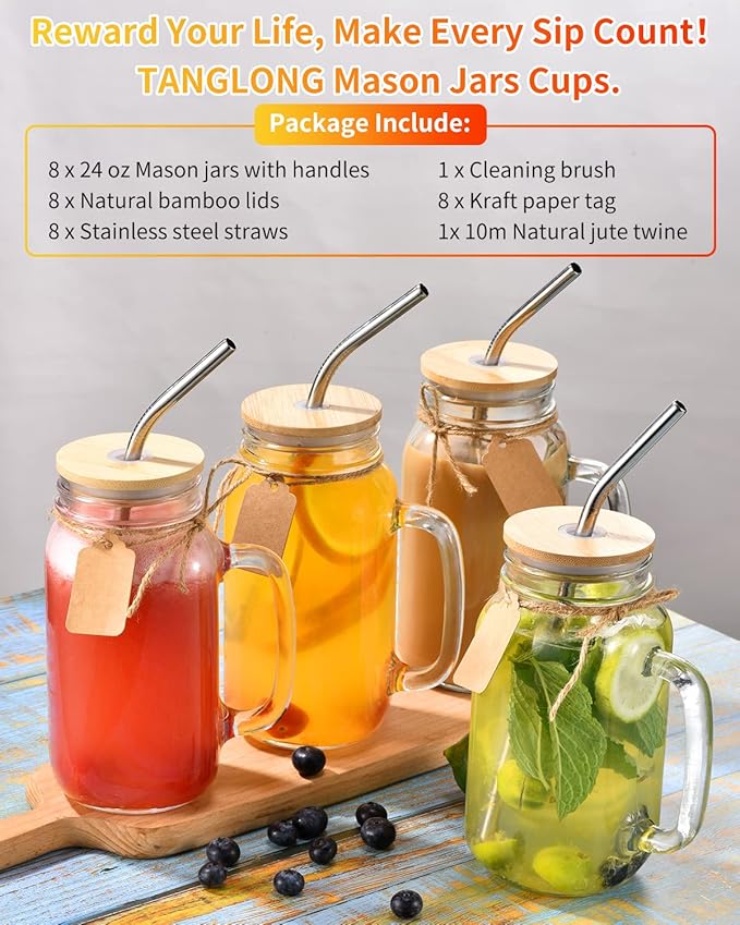 TANGLONG Mason Jar with Lid and Straw 24 oz Mason Jar Cups Set of 8 Glass Cups with Lids and Straws Mason Jars with Handle Drinking Glasses