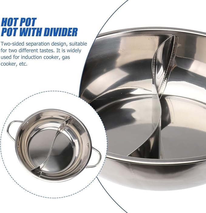 12inch Double Cooker Pot, Hot Pot Shabu, Dual Site with Divider & Lid, Insulated Handle, 12'', for Home Party Family Gathering