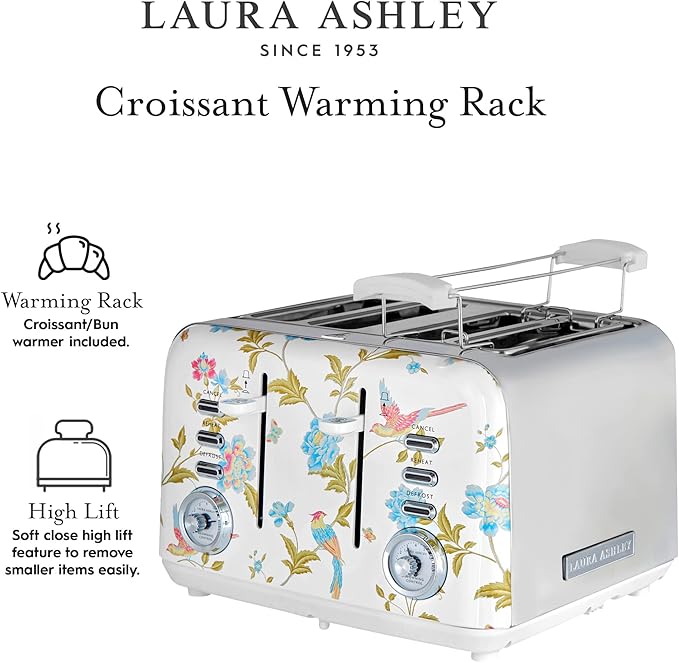 VQ Laura Ashley Elveden White Stainless Steel 4 Slice Toaster | Multi-Functional Bagels & Bread Toaster 4 Slice with Adjustable Heating & Defrost Mode | Featuring 4 Wide Slots, Croissant Warming Rack