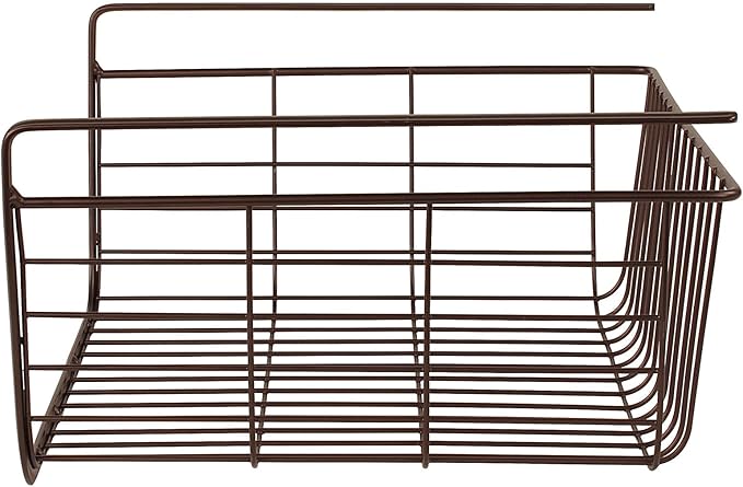 Steel Over the Shelf Storage Basket, Bronze – Heavy Duty Wire Basket with Hooks, Over-the-Cabinet Organizer for Kitchen, Bathroom, Office, Easy Install, Durable Steel Construction