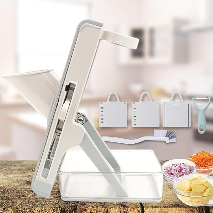 Adjustable Mandoline Vegetable Slicer and Chopper with Food Container – Kitchen Cutter with Multiple Thickness Settings, Includes Ceramic Peeler