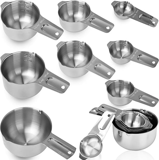 8 Pcs Stainless Steel Measuring Cup Set 16 8 6 5 4 3 2 1 oz Single Metal Measure Scoop for Wet and Dry Ingredients Cooking Great Kitchen Gadgets Dog Food Scoop