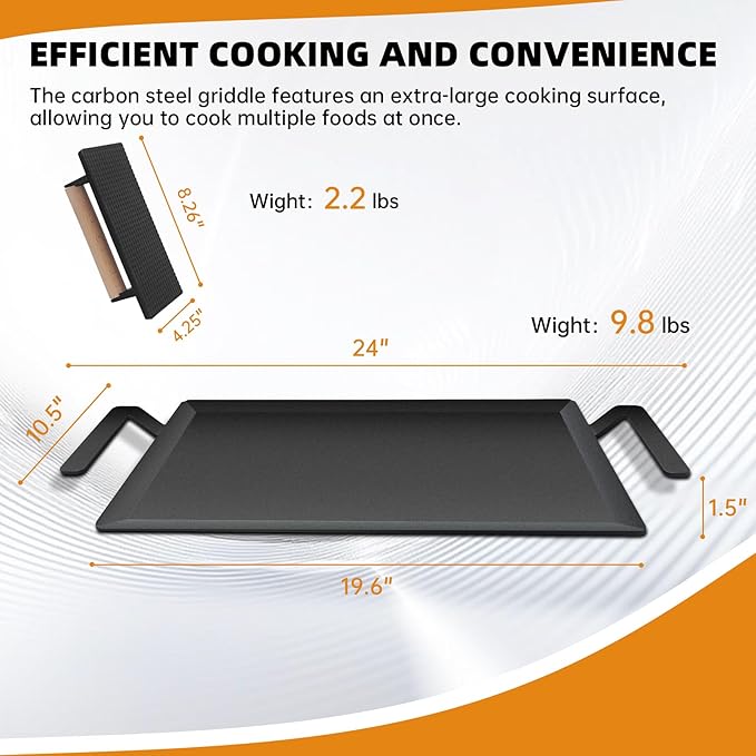 Large Carbon Steel Griddle Pan, Double Burner Flat Top Grill Plate for Stove Top, Gas Grill, Induction Cooktop and Oven, with Grill Press and Heat-Resistant Gloves, Pre-Seasoned Cooking Surface