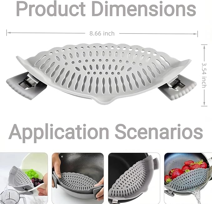 2 PACK Silicone Clip-on Strainer - Fits Pots, Pans & Pasta, Hands-Free Food Strainer for Ground Beef, Spaghetti, Pasta, Compatible with All Bowls and Pots (Black,Grey)