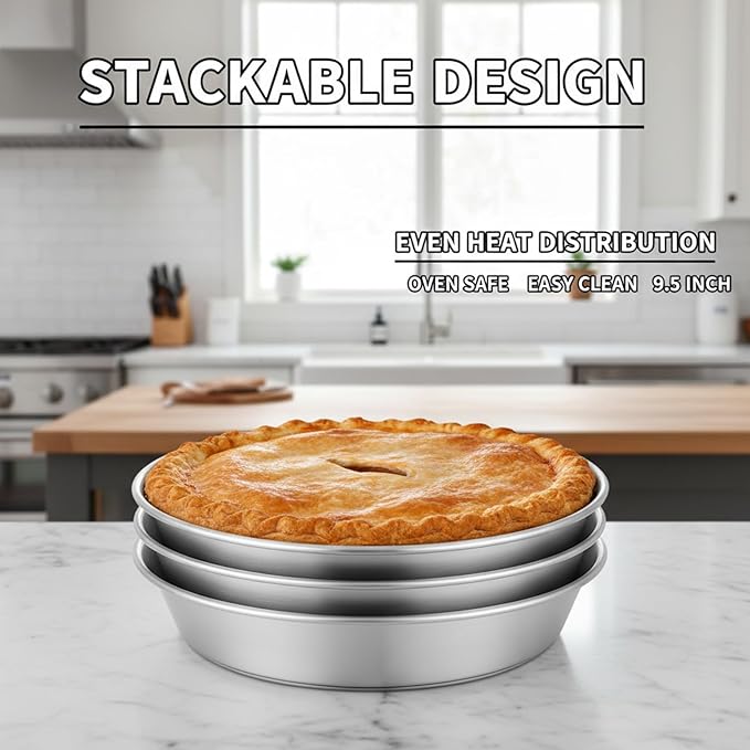 Peosaard Stainless Steel Pie Pan, 3PCS Pie Baking Dish 9.5 Inch Stackable Stainless Steel Pans for Baking Kitchen Oven Safe, Pans for