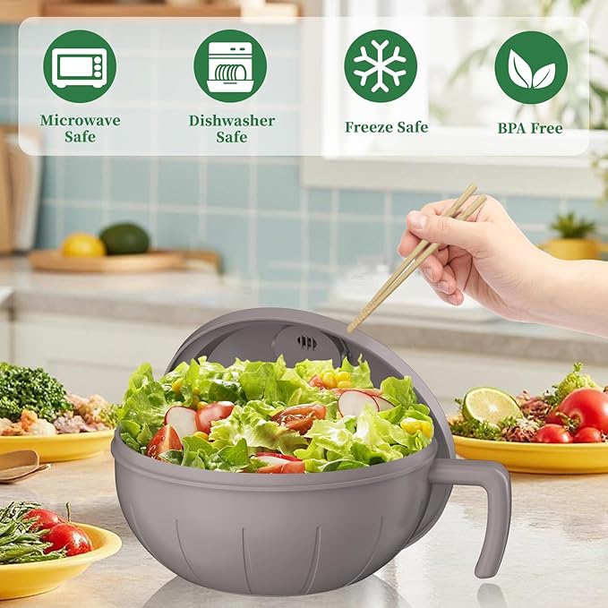 steo spce Large Ramen Bowl Set, 40 Oz Microwaveable Noodle Cooker with Leak-Proof Lids, Chopsticks, Spoon & Fork – Portable and Dishwasher Safe, Ideal for Home, Office, Dorm, or Gift Light (Khaki)