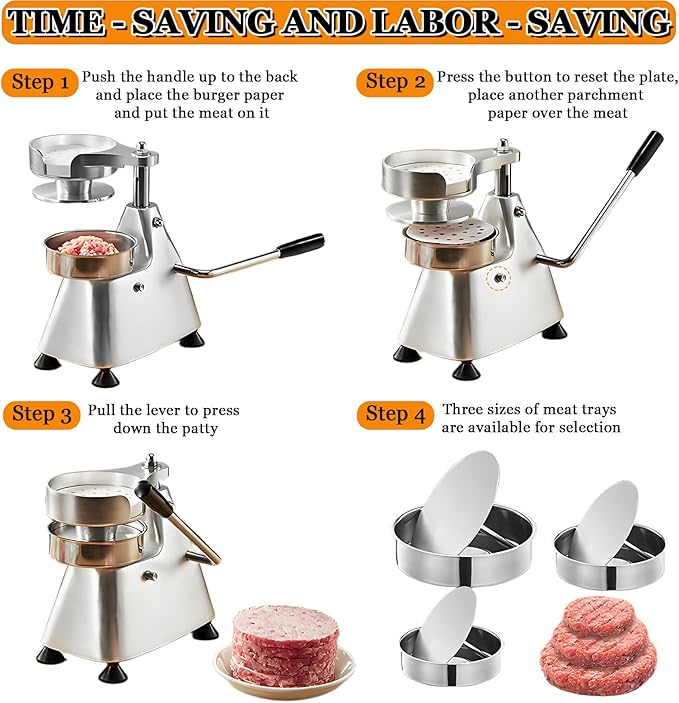 CTJ 3 in 1 Commercial Burger Patty Maker 4/5/6 Inch Hamburger Press - Heavy Duty Stainless Steel Beef Press Patty Maker with 1200 Pcs Patty Papers for Beef Pork Chicken Patty