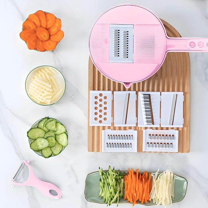 Mandoline Food Slicer, Multifunctional Vegetable Slicer Cutter with Hand Protector, Vegetable Shredder for Potato, Tomato, Carrot (Pink-9 in 1)
