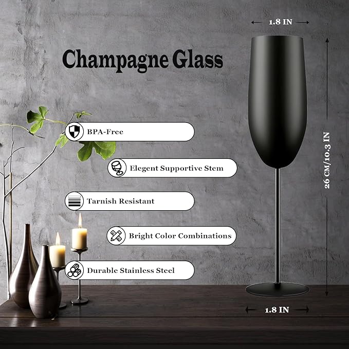 Stainless Steel Champagne Flutes Set of 4-Wedding &Birthday Gifts,8.5 Oz Unbreakable Champagne Glass with Long Stem,Reusable Indoor Outdoor Drinkware (Matte-Black)