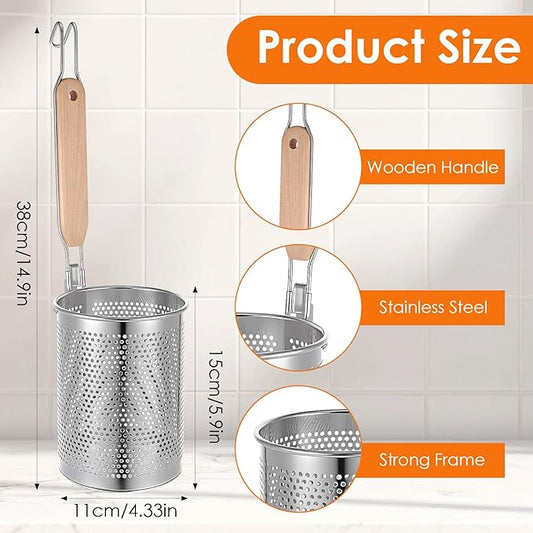 4pcs Pasta Strainer 15'' × 5.5'' Stainless Steel Pasta Basket Mesh Cooker with Wood Handle Kitchen Mesh Spider Noodle Strainer Skimmer for Boiling Food Dumpling Noodle Blanching Basket