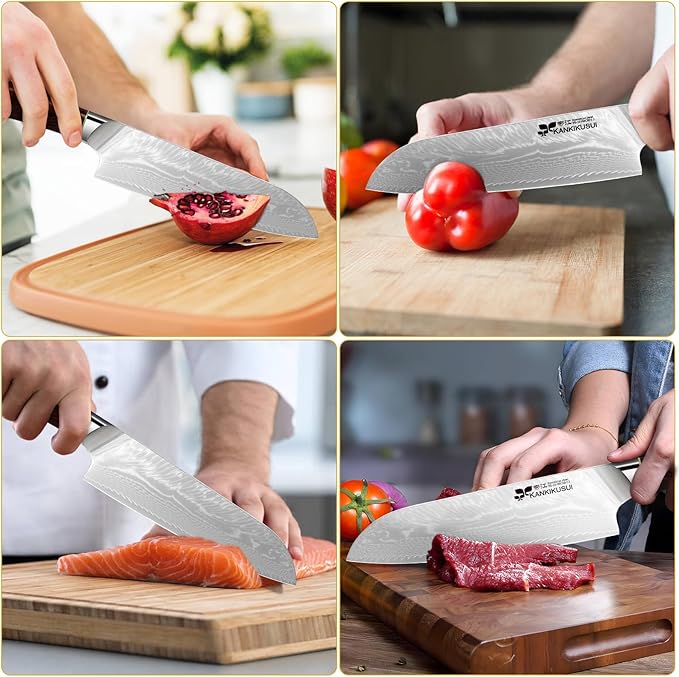 KANKIKUSUI Chefs Knife Damascus Forged 7" Japanese VG-10 Super Steel 67 Layer Damascus Steel, Sharp Versatile, Red Sandalwood Handle, Luxury Gift Box, Scabbard, Sharpener
