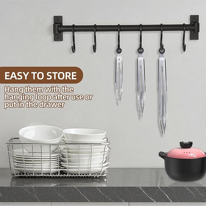 3 Pcs Stainless Steel Kitchen Tongs, 7/9/12 Inch High Heat Resistant Cooking & Serving Tongs with Locking for Grill Salad