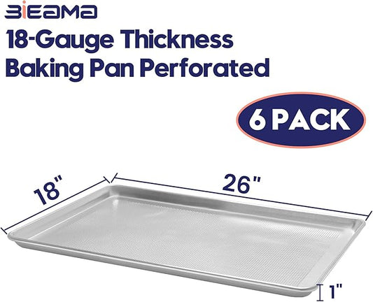 BIEAMA 6 Pack Full Size 18" x 26" Aluminum Baking Sheet Pan Perforated, Commercial Bakery Equipment Cookie Sheets, NSF Approved Baking Tray