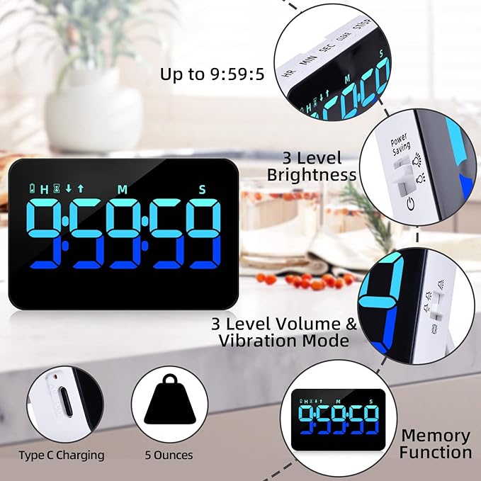 Kitchen Digital Timer, Count Down Up, Rechargeable, Vibration Mode Adjustable Volume and Brightness LED Display, Time Management Cook, Desk, Kids Adults Study Teaching, Kitchen Gadgets Blue