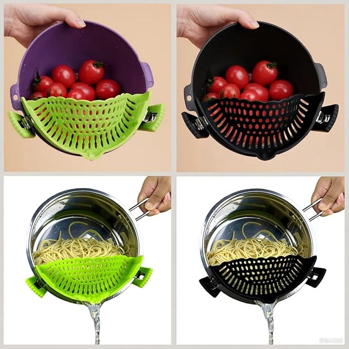 2 Sets of Clip on Strainer Silicone Glove | Versatile for All Pans and Pots,Noodle Pasta Pot Strainer Silicone Colander for Vegetables Meat Fruit Spaghetti,Food Strainers(Green,Black)