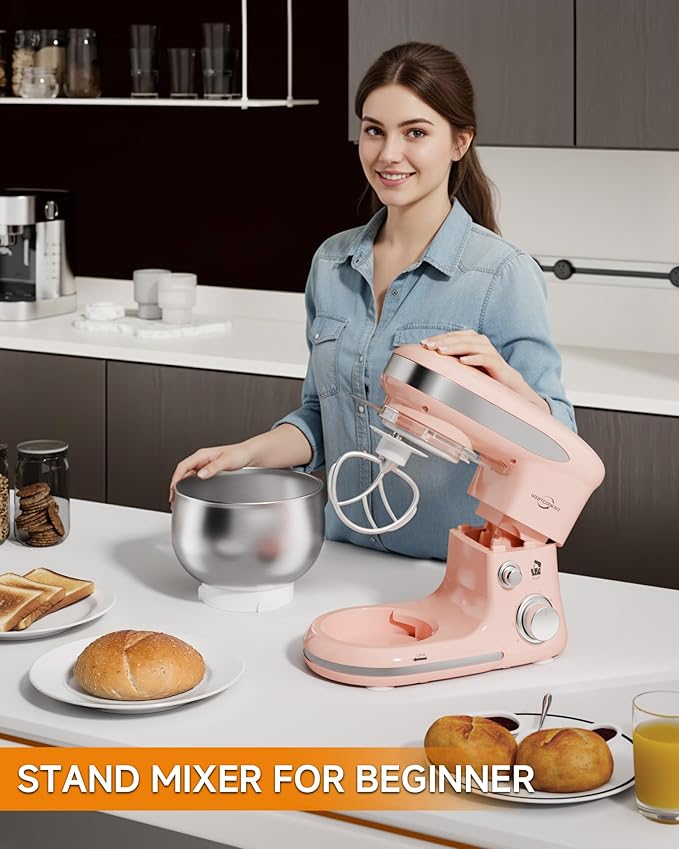 Stand Mixer, 3.4QT Lightweight Kitchen Mixer, 6+P Speed Tilt-Head Electric Food Mixers for Daily Use with Egg Whisk, Dough Hook, Flat Beater, Bread Dough Mixer for Baking (Pink)