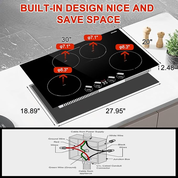 30 Inch Induction Cooktop 4 Burner with Bridge Element, 7800W Built-in Stove Top, Booster Function, 10 Power Levels, Timer & Child Safety Lock, Knob Control, 220-240V