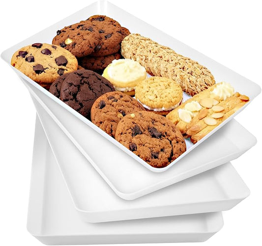4 Pack White Plastic Serving Trays, Stackable & Lightweight Set for Parties, BBQ, Camping, Desserts & Snacks – Perfect for Hostess Gifts & Kitchen Organization