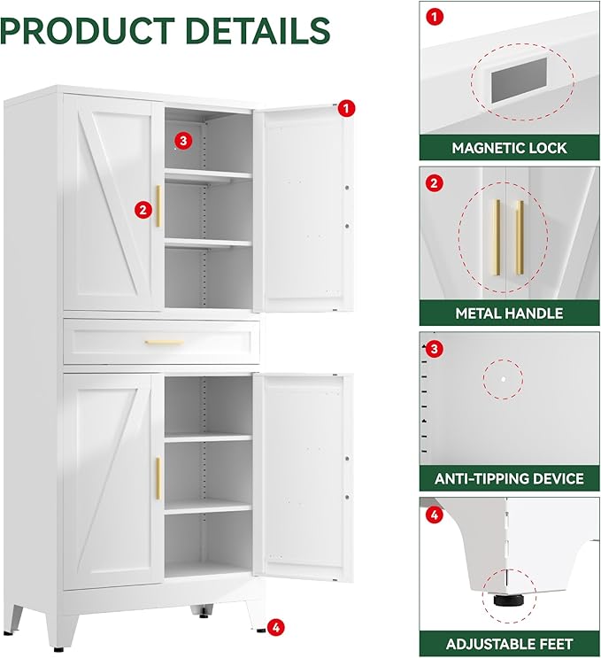 71" Tall Kitchen Pantry Cabinet,Farmhouse Pantry Cabinet,Metal Cabinet with Adjustable Shelves and Drawer,Storage Cabinet for Kitchen Dining Room Garage,White