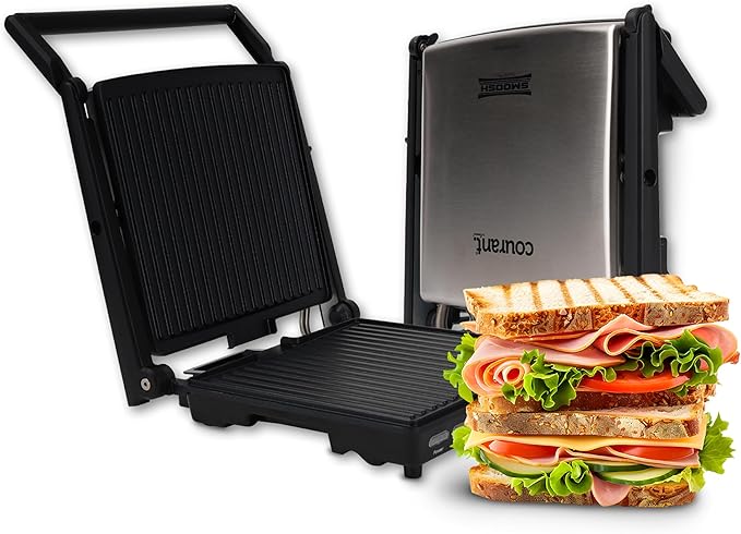 Courant Panini Press Gourmet Sandwich Maker, Super Slim Design with Foldable Handle, 4 Servings Grill with Non-Stick Plates, Opens 180° for Table Grill, Stainless Steel 1400 Watts