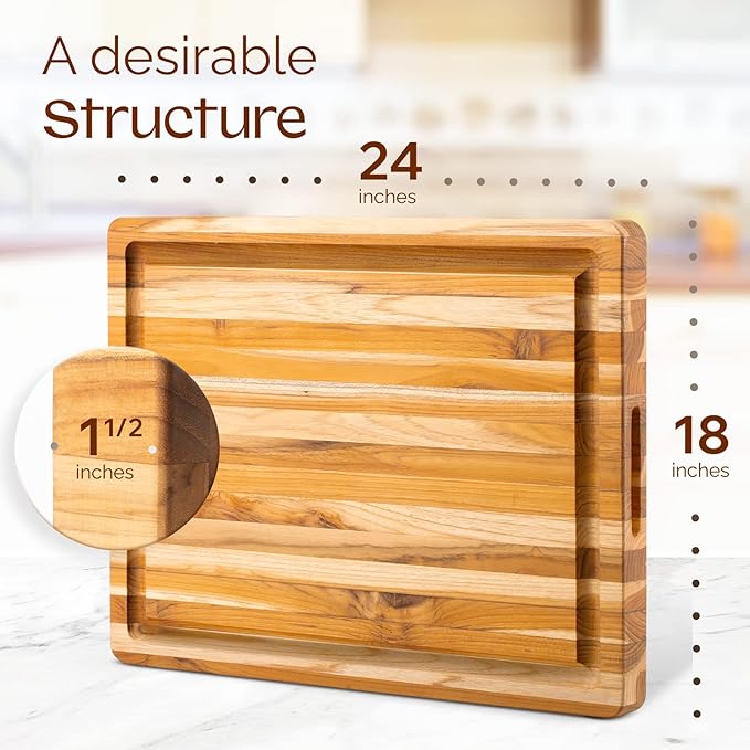 Yes4All Plus Large Edge Grain Teak Cutting Board for Kitchen, 24''L x 18''W x 1.5''Thick, Durable Wood with Juice Grooves, Pre-Oiled, Easy Grip Handles, Ideal for Chopping and Serving