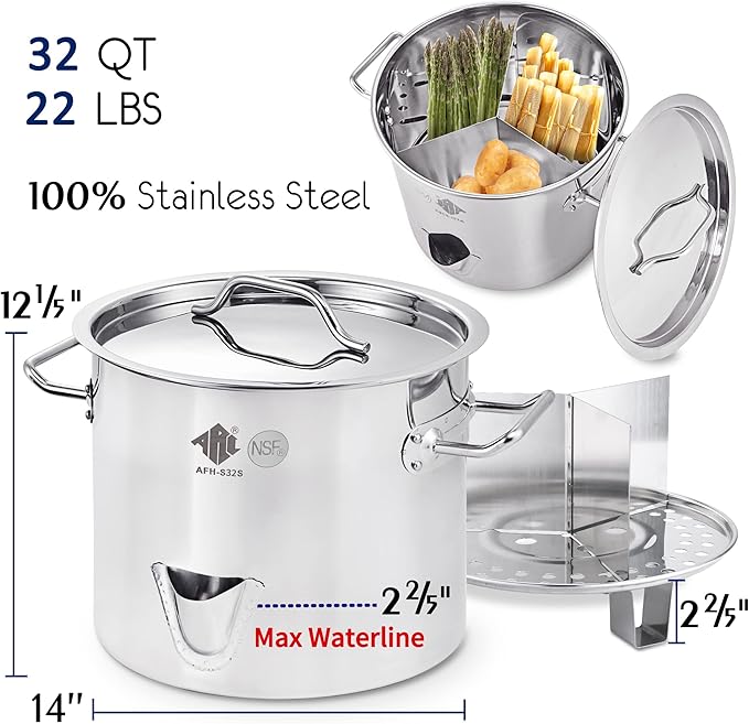 ARC 32QT Stainless Steel Tamale Steamer Pot w/Easy-fill Water Spout, Seafood Crab Steam with Divider and Steamer Rack, 8 Gallon