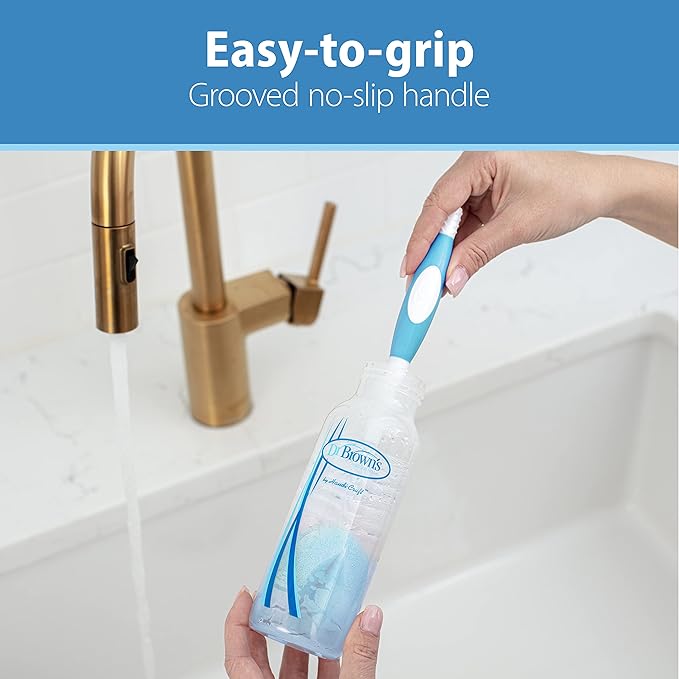 Dr. Brown's Reusable Sponge Baby Bottle Cleaning Brush + Soft Touch and Deluxe Bottle Brushes, BPA-Free, Blue, 3-Pack