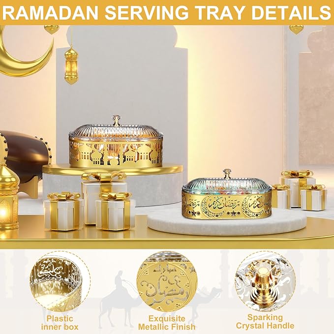 4 Pcs Ramadan Trays with Lid Eid Mubarak Gold Plates Dishes Table Decoration Muslim Islamic Serving Trays Metal Dessert Storage Container for Celebration (Ramadan Moon Star)
