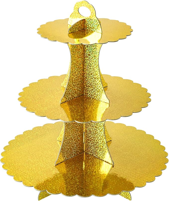 Soleebee 3-Tier Cupcake Stand, Cardboard Cupcake Tower, Dessert Cup Cake Stand Tower for Birthday Wedding Party Decoration, Cupcake Tier Stand 1 Set (Glitter Gold)