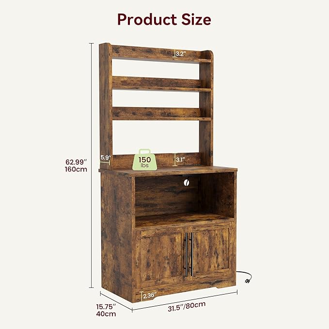 Garvee Farmhouse Bakers Rack with Power Outlets, Microwave Stand with Cabinet, Kitchen Hutch Pantry Cabinet, Kitchen Coffee Bar Cabinet for Spices, Dishes, and Pots, Brown