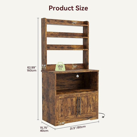 Garvee Farmhouse Bakers Rack with Power Outlets, Microwave Stand with Cabinet, Kitchen Hutch Pantry Cabinet, Kitchen Coffee Bar Cabinet for Spices, Dishes, and Pots, Brown