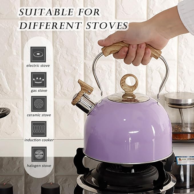Stove Top Whistling Tea Kettle, 2.3 Quart Purple Stainless Steel Teapot for Boiling Water Coffee or Milk, Tea Pot with Ergonomic Handle Suitable for All Stovetops (Purple), 2.5L, VO-SH05