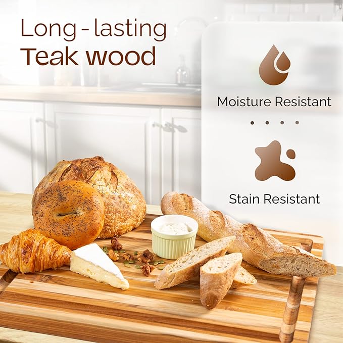 Yes4All Plus Large Edge Grain Teak Cutting Board for Kitchen, 24''L x 18''W x 1.5''Thick, Durable Wood with Juice Grooves, Pre-Oiled, Easy Grip Handles, Ideal for Chopping and Serving